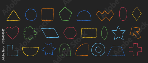 Crayon textured geometric figures collection. Outline basic shapes hand drawn with colored pencil. Silhouettes of pastel textured primitive elements. Vector illustration isolated on black background.
