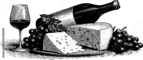 Engraved cheese platter and wine with grapes for gourmet dining or kitchen decor