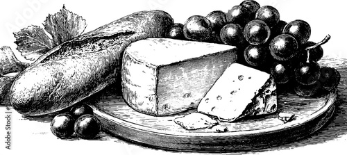 Rustic engraved cheese platter with bread and grapes for gourmet dining designs