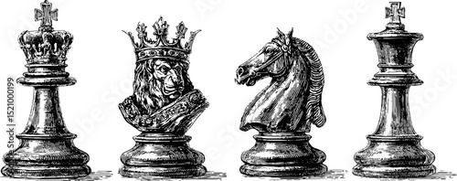 Engraved chess piece set featuring ornate kings and knights illustration