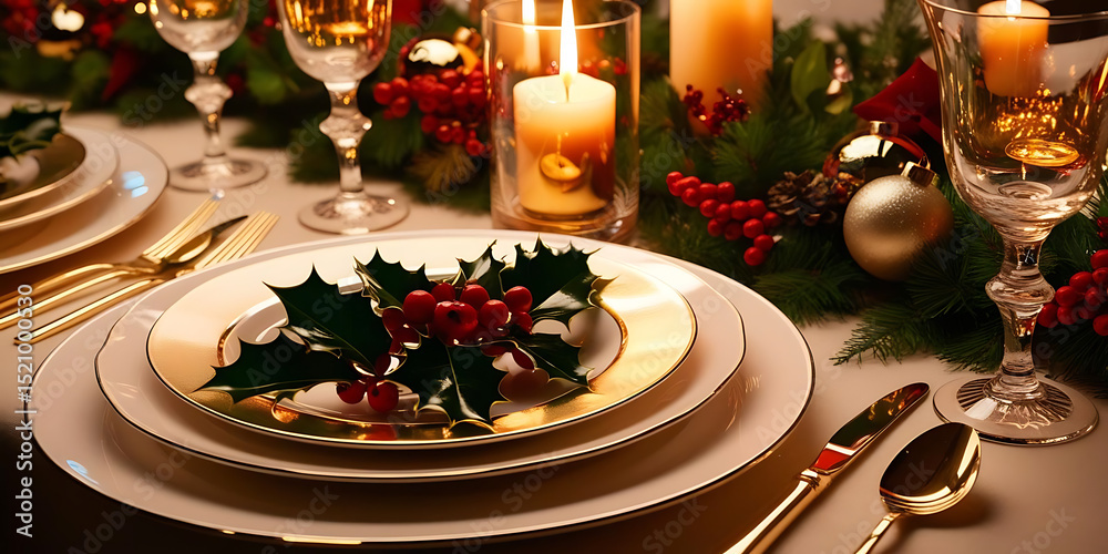 Naklejka premium Elegant Holiday Table Setting with Gold-Trimmed Plates and Festive Greenery