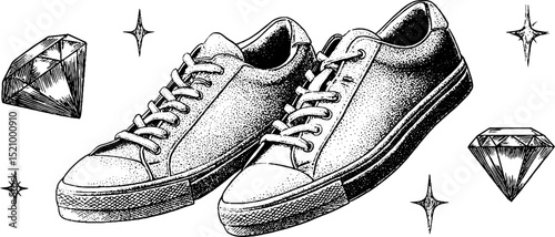 Engraved illustration of chunky sneakers with diamonds and stars design for fashion prints