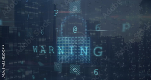 Image of virus scanning, numbers and digital padlock over cityscape