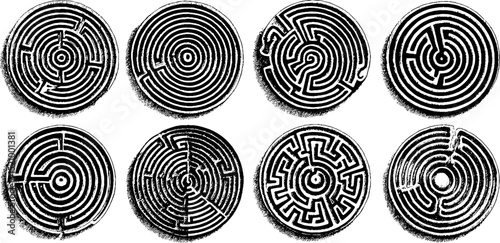 Intricate set of engraved circular mazes and labyrinth designs for creative projects