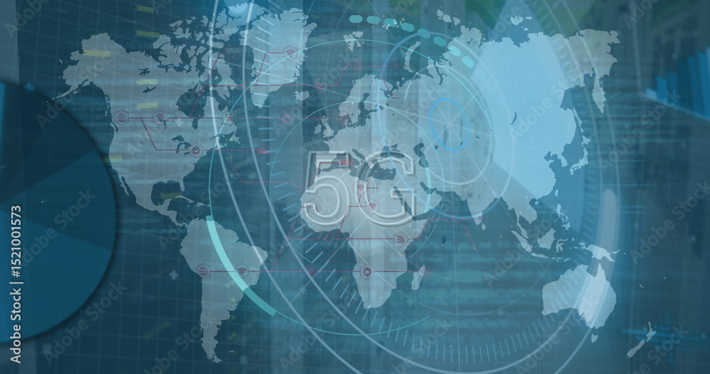 Obraz premium Image of scope scanning and data processing over world map