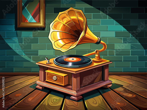 vector of A gramophone is an old audio recording device. On a dark wooden table...