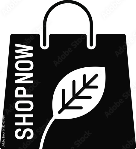 Black shopping bag displays a leaf icon and the words Shop Now, presented on transparent backdrop