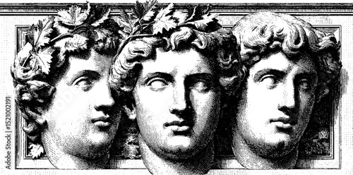 Classical busts engraving set with detailed faces and laurel crowns