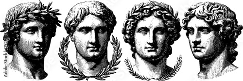 Engraved illustrations of classical busts with laurel wreaths for historical design