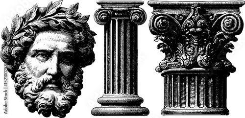 Classical busts and architectural columns engraving for artistic and educational use