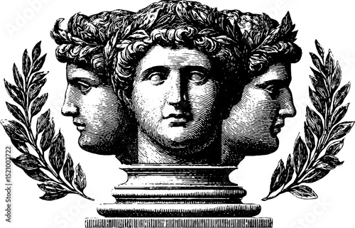 Classical bust engraving illustration with laurel wreaths, ideal for historical art designs