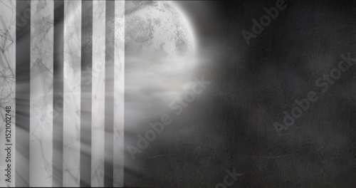 Image of moving shapes and moon on black background