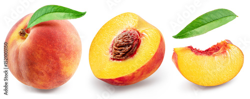 Set of red peach, juicy peach slices isolated on white background. File contains clipping paths.