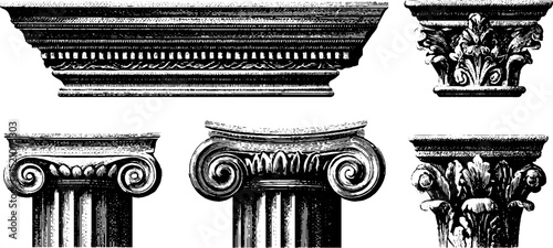 Classical architectural pediments set engraved design for historical study