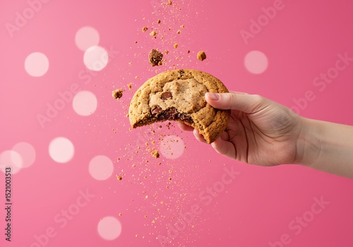 Hand holding a bitten chocolate chip cookie against a bright pastel background, crumbs falling, high-speed photography style