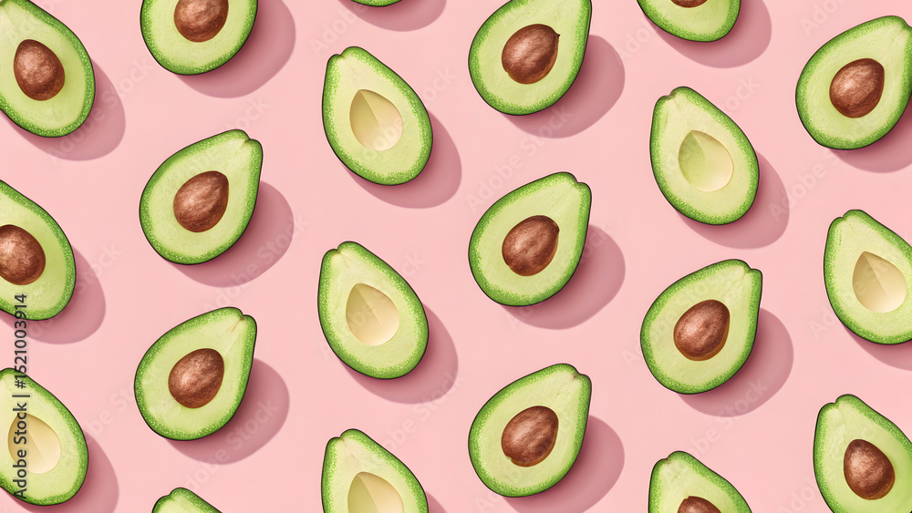Seamless pattern of avocado halves on a pastel pink background, representing healthy eating, trendy food, and vibrant freshness. Seamless pattern of avocado halves on a pastel pink background, representing healthy eating, trendy food, and vibrant freshness.