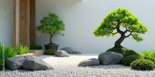Serene minimalist zen garden scene; raked gravel, carefully placed rocks, and meticulously pruned bonsai create a peaceful atmosphere ideal for contemplation and mindfulness , calm, stones