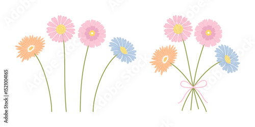Set of pink, orange, blue dahlia, and aster flowers on a white background. Bouquet of delicate wildflowers. Vector illustration for design projects