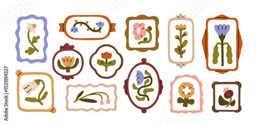 Flowers in wall frames set. Abstract botanical decoration, floral plants, leaf, creative botany art, pictures. Garden nature in modern style. Flat vector illustration isolated on white background