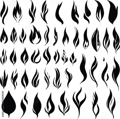 Black and White Flame Clipart Set on White Background Featuring Editable Fire Icons in Minimal Style

