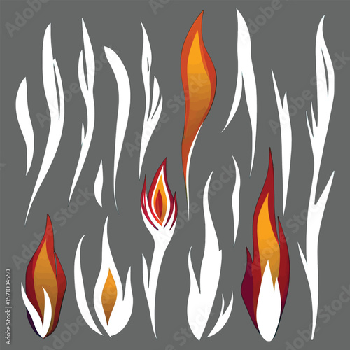 Realistic Fire Flame Set with Multiple Burning Shapes Isolated on Transparent Background for Design Use
