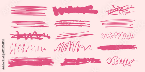 Abstract Pink Scribble And Line Art Set. Creative Doodle Design Collection. Isolated Vector Illustration
