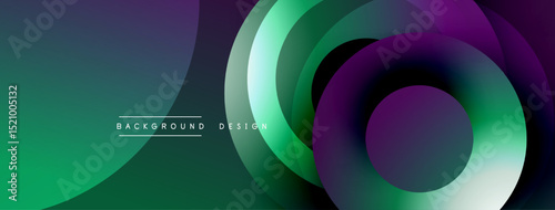 Abstract design features vibrant overlapping circles, gradients. Modern aesthetic, dark background enhances colorful elements. Smooth transitions create dynamic visual impact.