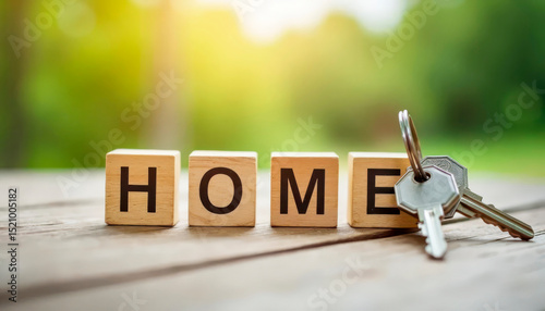Wooden blocks spelling HOME with house keys on table. Real estate, security, and property ownership.