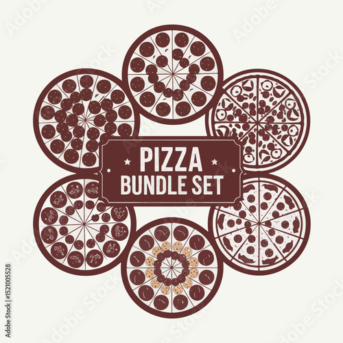 Pizza bundle set graphic with various toppings in brown circular shapes
