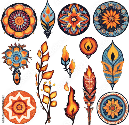 Colorful Tribal Floral Flame Designs Set with Artistic Ethnic Patterns and Abstract Fire Elements for Creative Use
