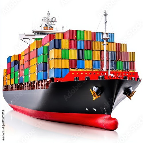Large cargo ship with colorful containers against a white background. The vessel is viewed from the front, showcasing its full load.  A slight