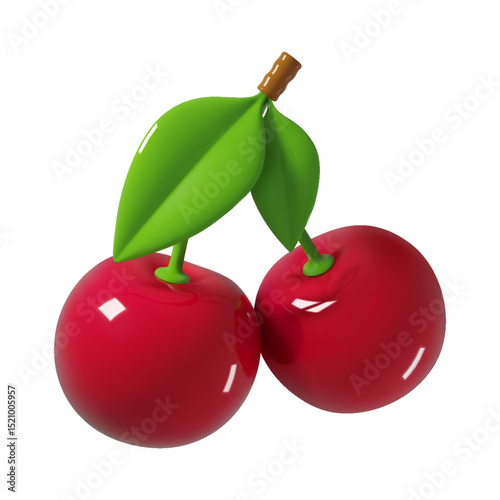 3d realistic juicy red cherry with green leaves on a white background. Berry icon in plastic style.