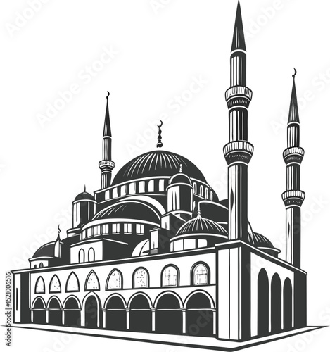 Stylized Mosque Silhouette with Islamic Arches and Crescent Topped Minarets  Flat Twon Dimensional Vector Art