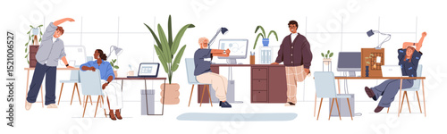Office workers exercising at workplaces. Employees stretching at work desks, physical relief at computer tables. Business team, workout at break. Flat vector illustration isolated on white background