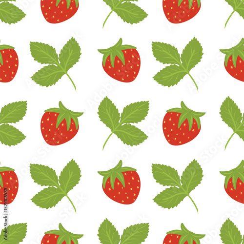 Red strawberries vector seamless pattern, seamless fruit design, strawberry with leaves pattern