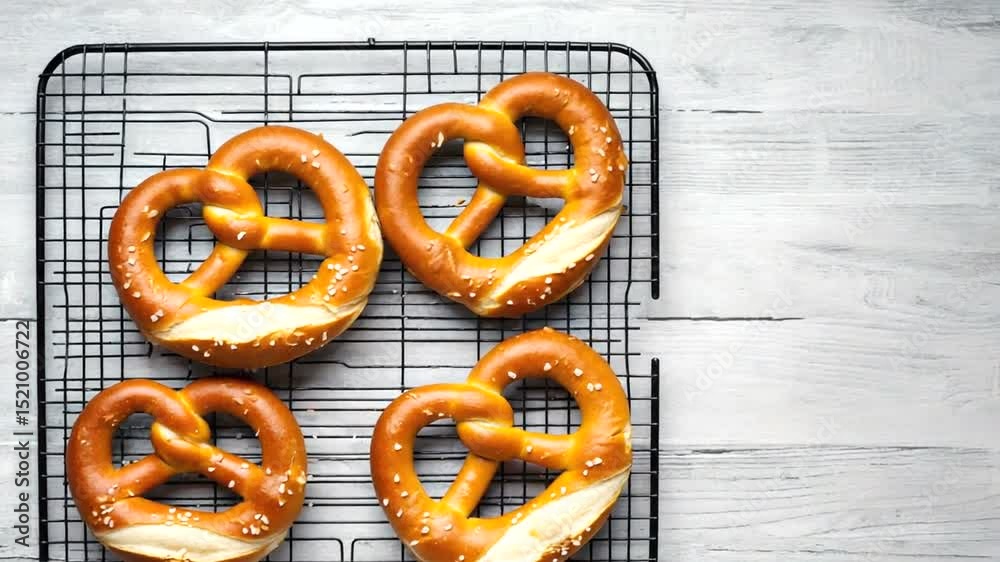 Freshly baked pretzels cooling on a wire rack, with a rustic wooden background
