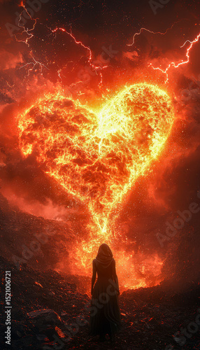 A woman witnessing a fiery heart-shaped volcanic eruption with lightning in the sky