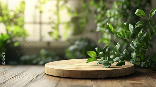 Wooden round surface with fresh leaves.