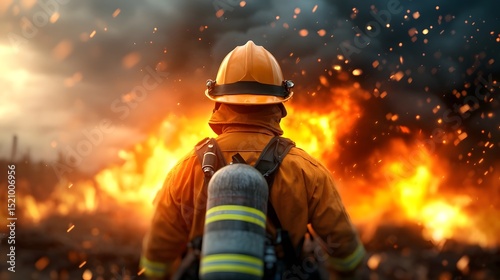 Firefighter confronting a raging inferno