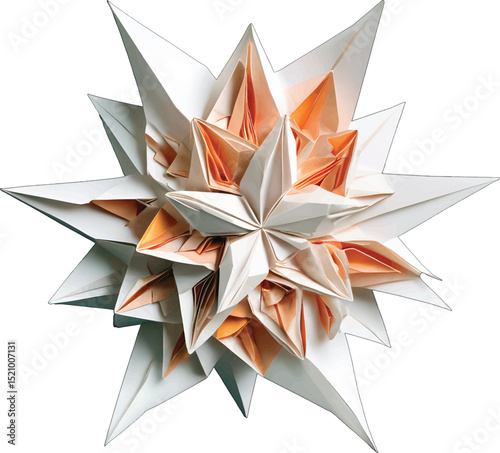 Large Origami Star with Orange and White Paper and Central Fire Element Isolated on Clean Background
