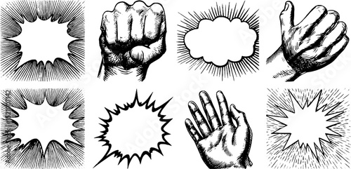 Retro comic book design with engraved frames and dynamic hand gestures