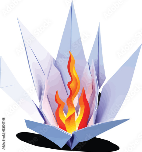 Colorful Origami Paper Flower with Red Blue and Orange Petals Combined with Burning Flame Effect
