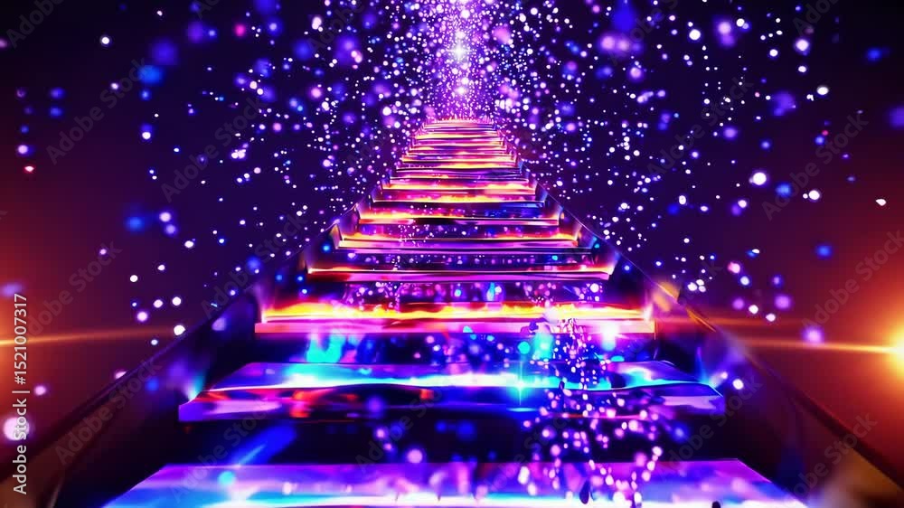 Vibrant neon staircase rising into sparkling cosmic void, symbolizing fantasy journey, surreal ascension, and otherworldly digital imagination concept