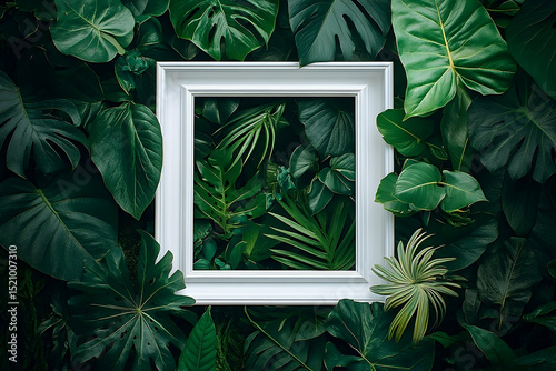 White picture frame amidst a vibrant arrangement of tropical leaves.