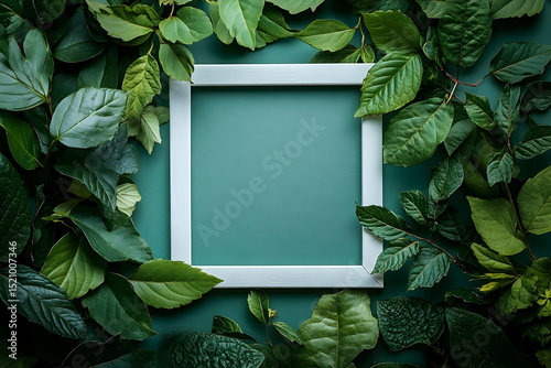 Empty white frame surrounded by vibrant green leaves.