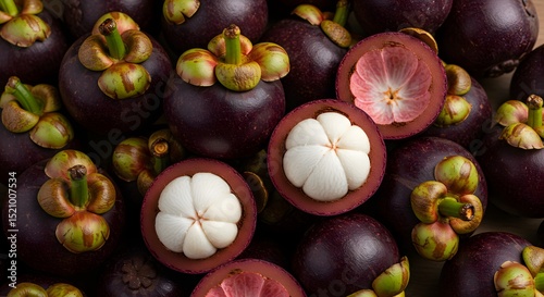 Multiple exotic mangosteens, some opened to reveal the pearly white pulp, with dark purple thick skin