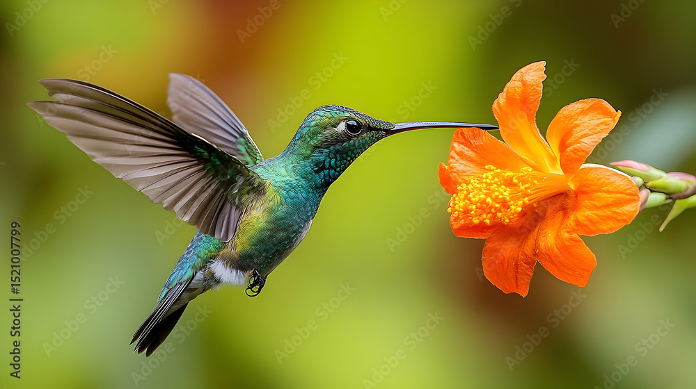Fototapeta premium Hummingbird feeding on a vibrant orange flower.