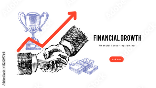 Handshake with trophy, cash, rising arrow design. Business success, profit, achievement, motivation background. Hand drawn sketch vector illustration