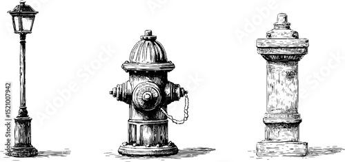 Engraved illustrations of vintage street objects: lamp post, fire hydrant, and bollard for design and decor