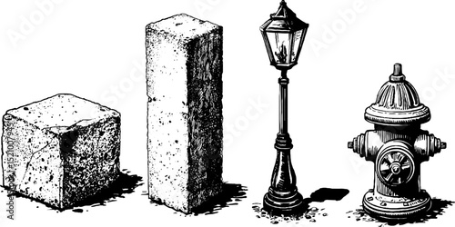 Urban elements engraving set with concrete blocks, street lamp, and fire hydrant for architectural design